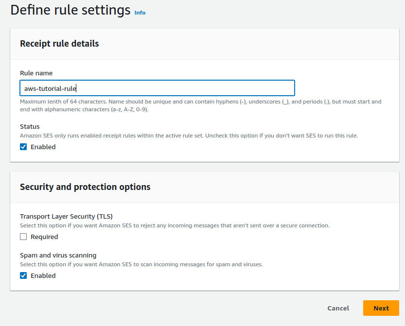 AWS SES Define rule settings