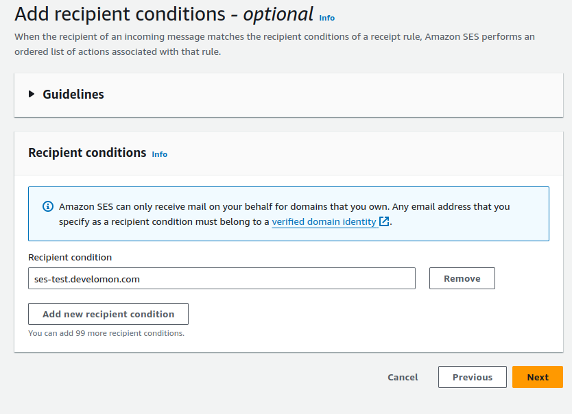 AWS SES Add recipient conditions